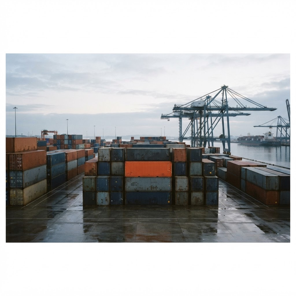 Stacked shipping containers at a container terminal in early light